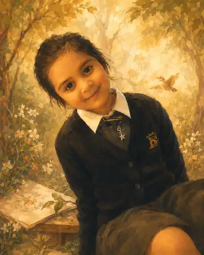 Storybook illustration of a young girl drawing forest animals in her sketchbook